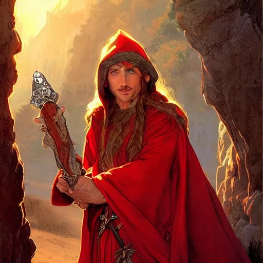 Image similar to ezra the elven desert bandit. Red robes. Epic portrait by james gurney and Alfonso mucha (lotr, witcher 3, dnd).