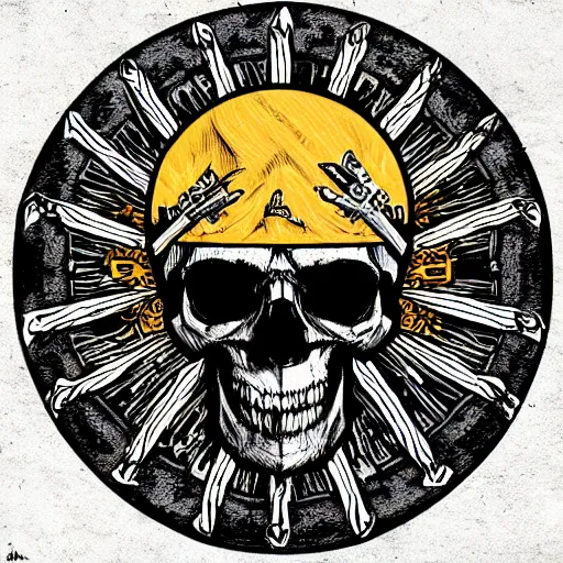 Prompt: a pirate flag, skull design for a rock band, art by Dan Mumford and artgerm, intricate, D&D, dark fantasy