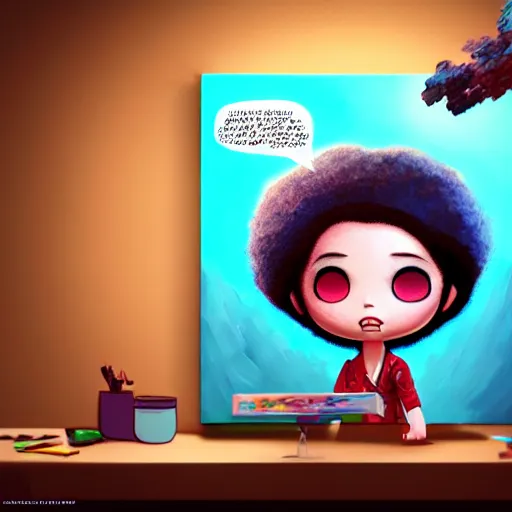 Image similar to an epic chibi comic book style portrait painting of a female bob ross, character design by mark ryden and pixar and hayao miyazaki, unreal 5, daz, hyperrealistic, octane render, cosplay, dynamic lighting, intricate detail, cinematic