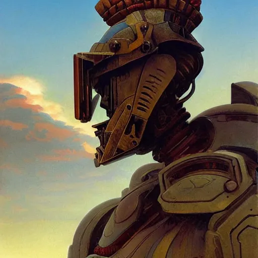 Image similar to soldier in art deco mayan power armor with strange spiral clouds in the background by j. c. leyendecker, barlowe, makoto kobayashi, greg rutkowski, and beksinski