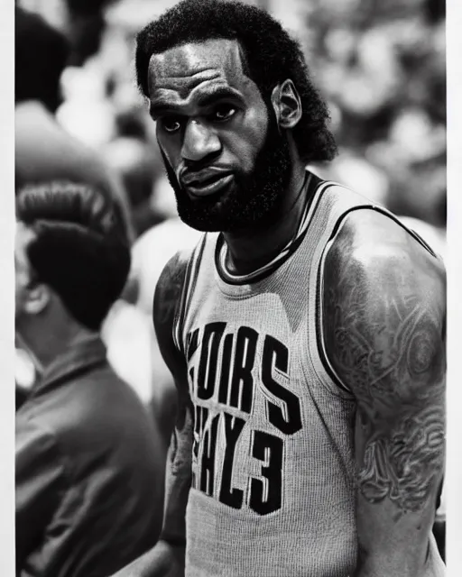 Image similar to a portrait of a 1 9 6 0 s hippie looking like lebron james