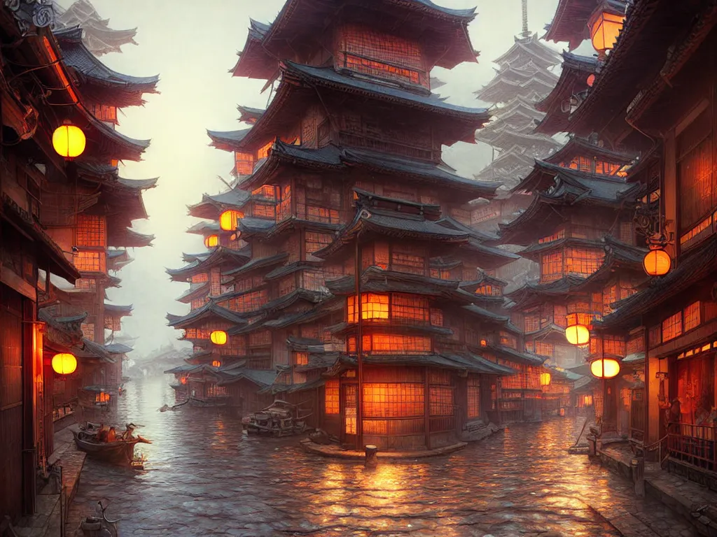 Image similar to old japanese street view from the harbor, d & d digital painting, intricate details, ultra realistic, beautiful, volumetric lighting, warm colors advance, cell shading, by james jean, greg rutkowski, gerald brom,