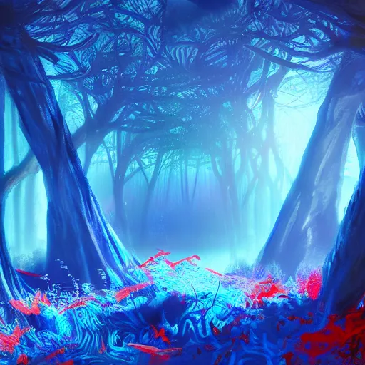 Image similar to portrait of an ethereal forest made of blue and red light, divine, cyberspace, mysterious, dark high-contrast concept art