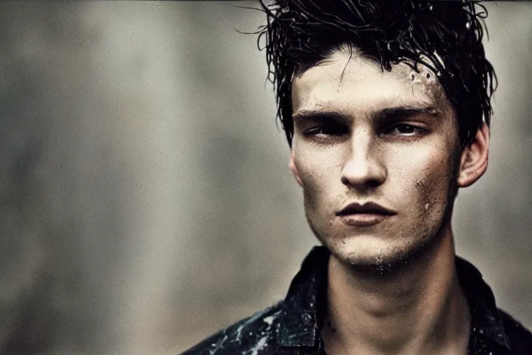 Image similar to a closeup cinematic!! headshot photograph!! of a male model wearing a ripped shirt, stood in a tunnel, rain, dirt, film still, cinematic lighting, by bill henson