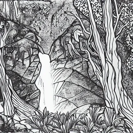 Image similar to a grayscale adult coloring page of a waterfall in the enchanted forest