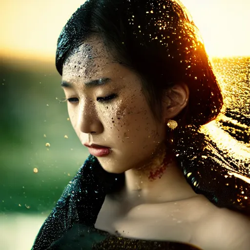 Prompt: filmstill photography of asian female body covered with wet black translucent blanket acrylic liquid colors, luxurious supermodel photoshooting, golden jewelry, bokeh, godrays, strong wind, wrinkles, sunrays, sunset, strong lens flares