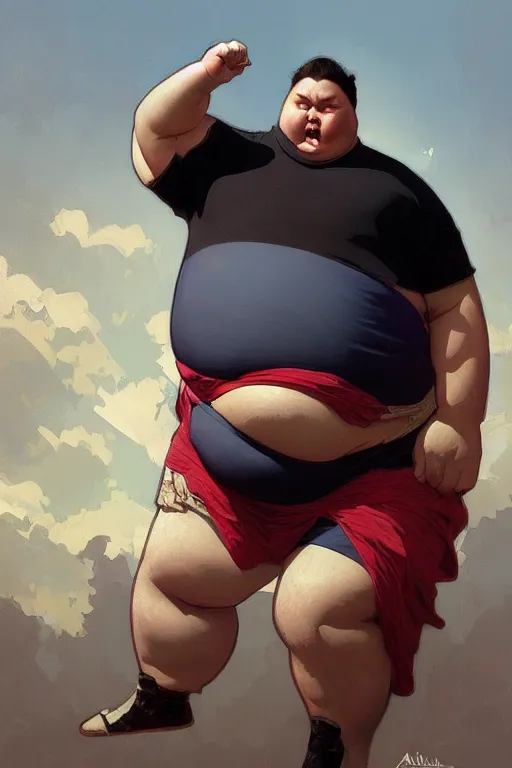 Image similar to an overweight man as a human cannonball, realistic painting, symmetrical, highly detailed, digital painting, artstation, concept art, smooth, sharp focus, illustration, cinematic lighting, art by artgerm and greg rutkowski and alphonse mucha