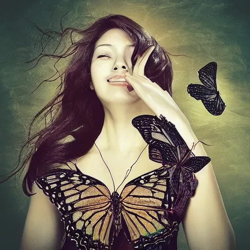 Prompt: “a woman turning into a butterfly”