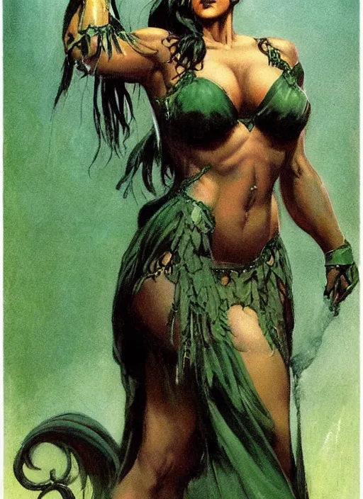 Prompt: mighty plump female sorceress, green tiara, lightning strike, strong line, muted color, beautiful! coherent! by frank frazetta, by brom