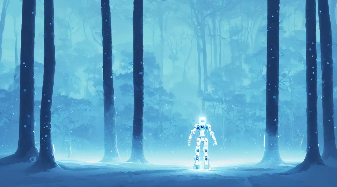 Prompt: a glossy white futuristic mecha robot stands in the middle of a forest of softly glowing blue trees at night. snowing. snowy. icy. the sky above has many stars. cyril roland. naomi okubo. rossdraws. beeple. trending on artstation. digital painting.