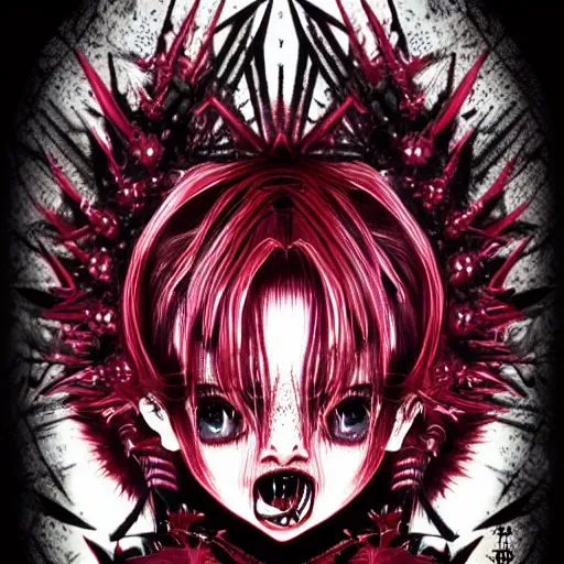 Prompt: spiked korean bloodmoon sigil stars draincore, gothic demon hellfire hexed witchcore aesthetic, dark vhs gothic hearts, neon glyphs spiked with red maroon glitter breakcore art by guro manga artist Shintaro Kago | baroque bedazzled gothic royalty frames surrounding a pixelsort emo demonic horrorcore japanese yokai doll, low quality sharpened graphics, remastered chromatic aberration