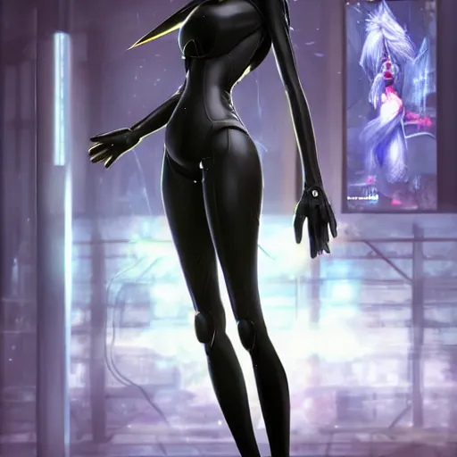 Image similar to A full body portrait of beautiful android personal bodyguard, photorealistic character, shot from the ground by Yoshiyuki Sadamoto. utopian vibes, female android (gynoid) design resembles gardevoir from pokemon and 2B from Nier Automata, with inspiration from Masamune Shirow and Cyberpunk 2077, outrunner aesthetic, trending on ArtStation, vivid octane render, 8k UHD image, Hyper realistic with intricate details.
