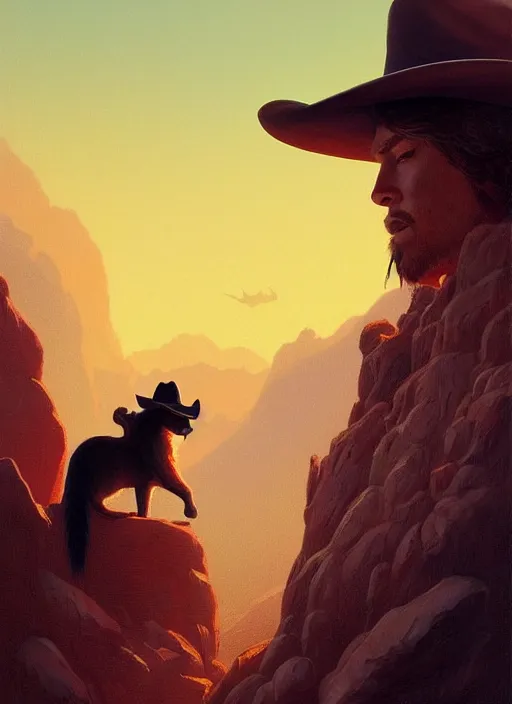 Prompt: a post - minimalism cat wearing cowboy hat riding horse vibrant color scheme, highly detailed, in the style of romanticism, cinematic, artstation, moebius, greg rutkowski