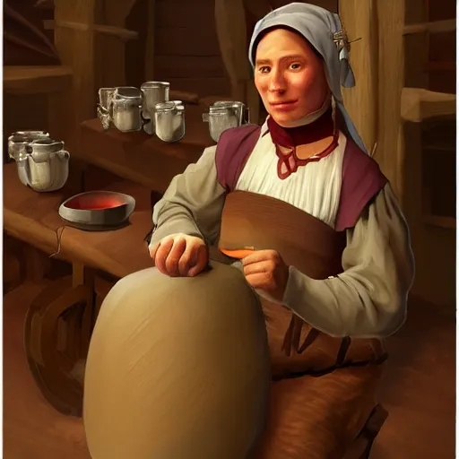 Image similar to peasant woman in medieval tavern, trending on artstation