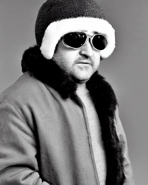 Image similar to headshot of john belushi wearing a russian trapper soviet ushanka bomber hat knitted leather earflap fur lined winter cap and aviator goggles, he is also wearing an a 2 flight jacket, a long white scarf is wrapped around his neck, he has a 5 o'clock shadow, a crazed angry look on his face