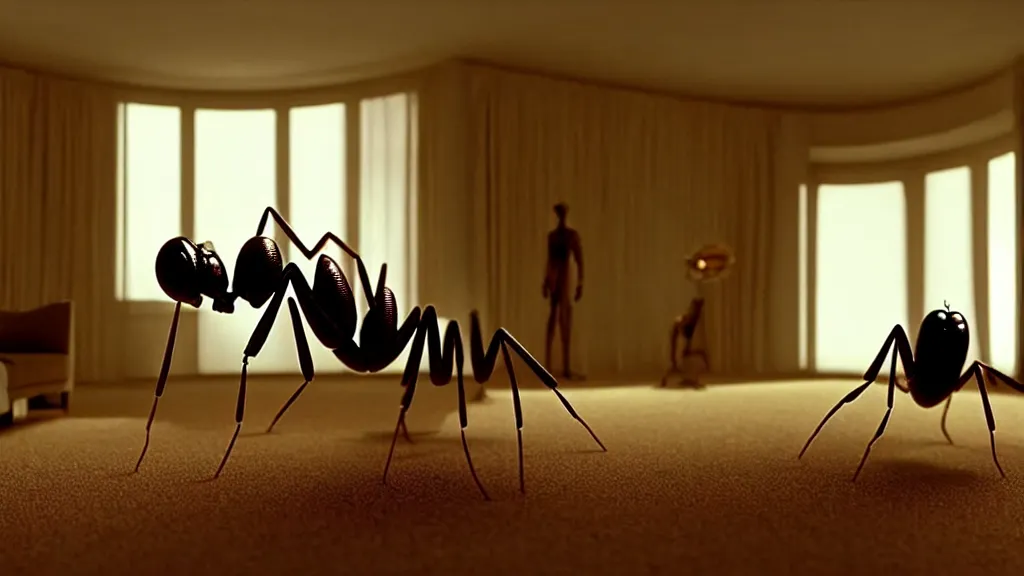 Image similar to the giant ant in the living room, film still from the movie directed by Denis Villeneuve with art direction by Salvador Dalí, wide lens