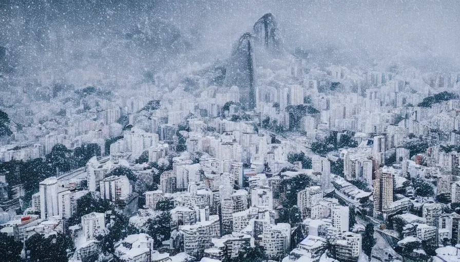 Prompt: the city of rio de janeiro covered in snow, winter photograph, snowing, wide shot, landscape, 4 k, award winning photograph, beautiful, trending on instagram