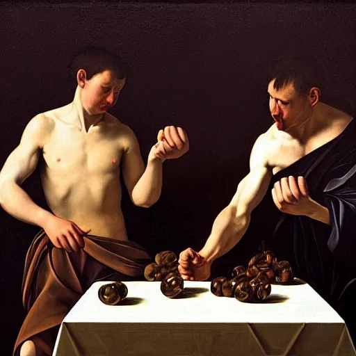 Image similar to a caravaggio painting masterpiece exposed in Paris : two soldiers playing rock paper scissors, This 4K HD image is Trending on Artstation, featured on Behance, well-rendered, extra crisp