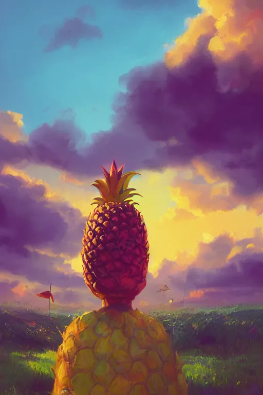 Prompt: closeup, giant pineapple head, a girl surrounded by the djungle, surreal photography, golden hour, colorful clouds, impressionist painting, digital painting, artstation, simon stalenhag