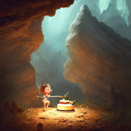 Prompt: an adventurer finding a big delicious cake in a dark mysterious cave, digital art, highly-detailed, artstation cgsociety masterpiece