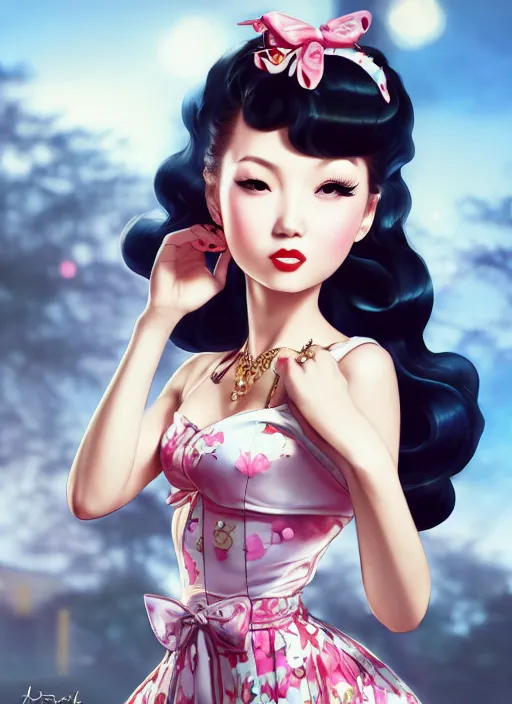 Image similar to a pin up and beautiful fashion dreamlke japan girl with lv jewelry, character art, art by artgerm, wlop, loish, hyperdetailed, 8 k realistic, symmetrical, global illumination, radiant light, frostbite 3 engine, cryengine, dof, trending on artstation, digital art, chanel, dior, detailed background