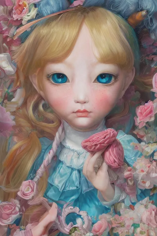 Image similar to Portrait of a doll in alice in wonderland art by Hikari Shimoda, Trending on artstation, artstationHD, artstationHQ, 4k, 8k