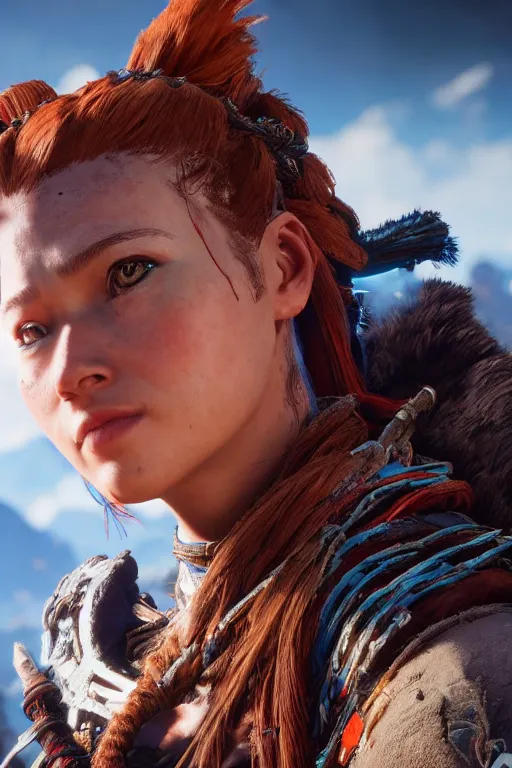 Prompt: a beautiful portrait photo of Aloy from Horizon Zero Dawn, cinematic masterpiece