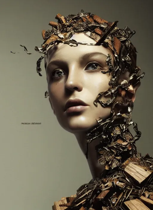 Image similar to sculpture made of wood, portrait, female, future, shaman, harper's bazaar, vogue, magazine, intricate, concept art, close up, ornate, luxury, elite, elegant, trending on artstation, by ruan jia, by Kenneth Willardt, by ross tran, by WLOP, by Andrei Riabovitchev,