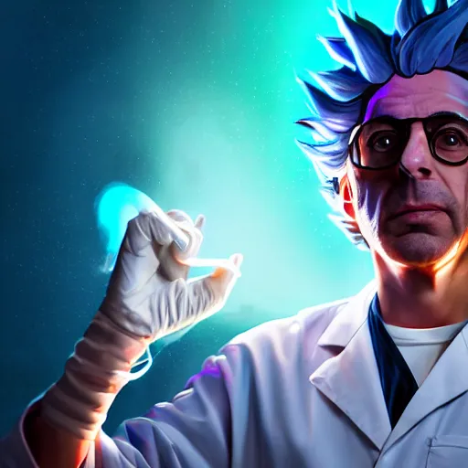 Image similar to portrait of rick sanchez, lab coat and tee shirt, lens flare, atmosphere, glow, detailed, intricate, full of colour, cinematic lighting, 4 k, hyperrealistic, focused, extreme details, cinematic, masterpiece