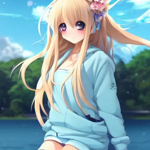 Image similar to a very beautiful anime girl, full body, long wavy blond hair, sky blue eyes, full round face, short smile, oversized hoodie, miniskirt, flower in hair, summer lake setting, cinematic lightning, medium shot, mid-shot, highly detailed, trending on Artstation, Unreal Engine 4k, cinematic wallpaper by Stanley Artgerm Lau, WLOP, Rossdraws, James Jean, Andrei Riabovitchev, Marc Simonetti, and Sakimichan