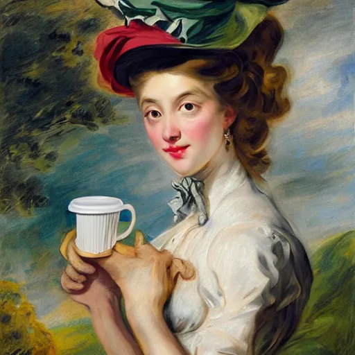 Image similar to eavenly summer sharp land sphere scallop well dressed lady holding a tall paper cup coffee, auslese, by peter paul rubens and eugene delacroix and karol bak, hyperrealism, digital illustration, fauvist, tall paper cup coffee, green coffee logo