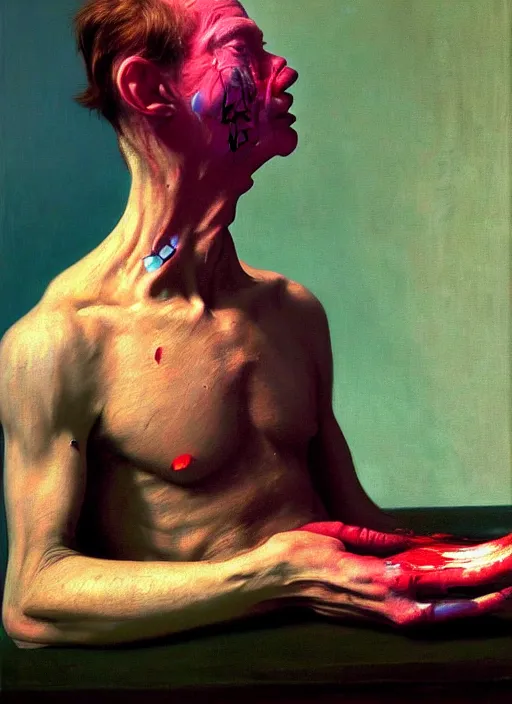 Prompt: he dreams of all the battles won, but fate had left its scars upon his face, depth of field, hauntingly surreal, highly detailed oil painting, by francis bacon, edward hopper, adrian ghenie, glenn brown, green, pink and blue colours, soft light, 8 k hd, cinematic composition, cinematic lighting