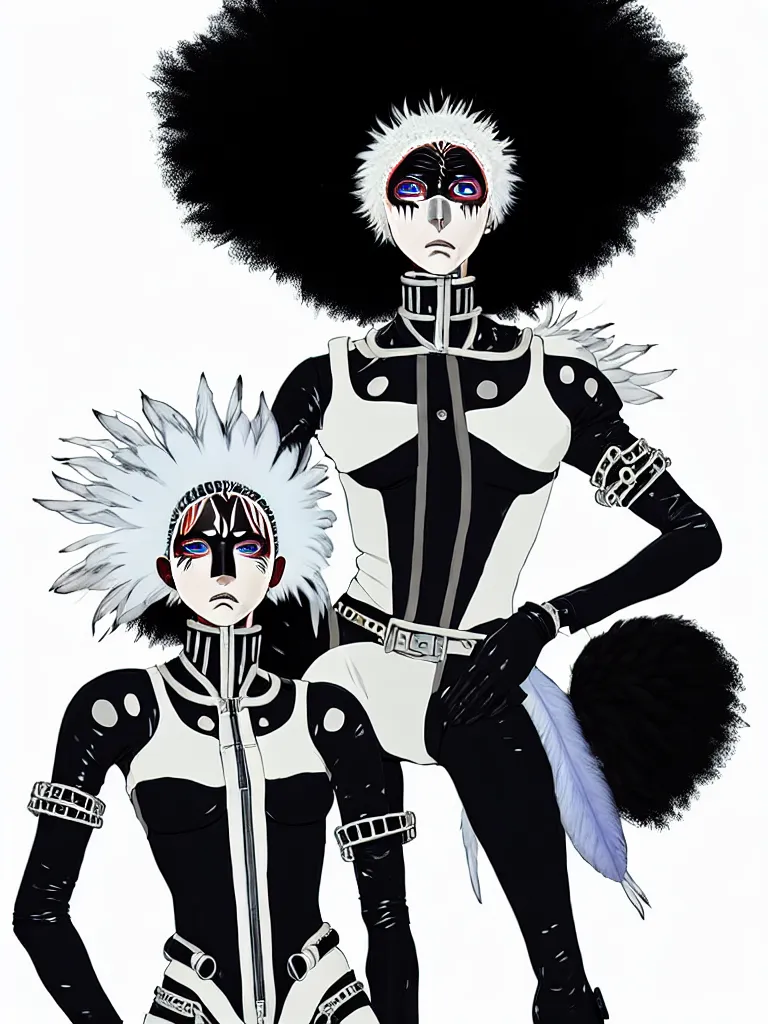 Prompt: one fierce looking beautiful young woman with afro hair and symmetrical white makeup, mad max, black leather straps, wearing intricate bodysuit and headdress made from white bones and black feathers, painted by makoto shinkai, studio ghibli,