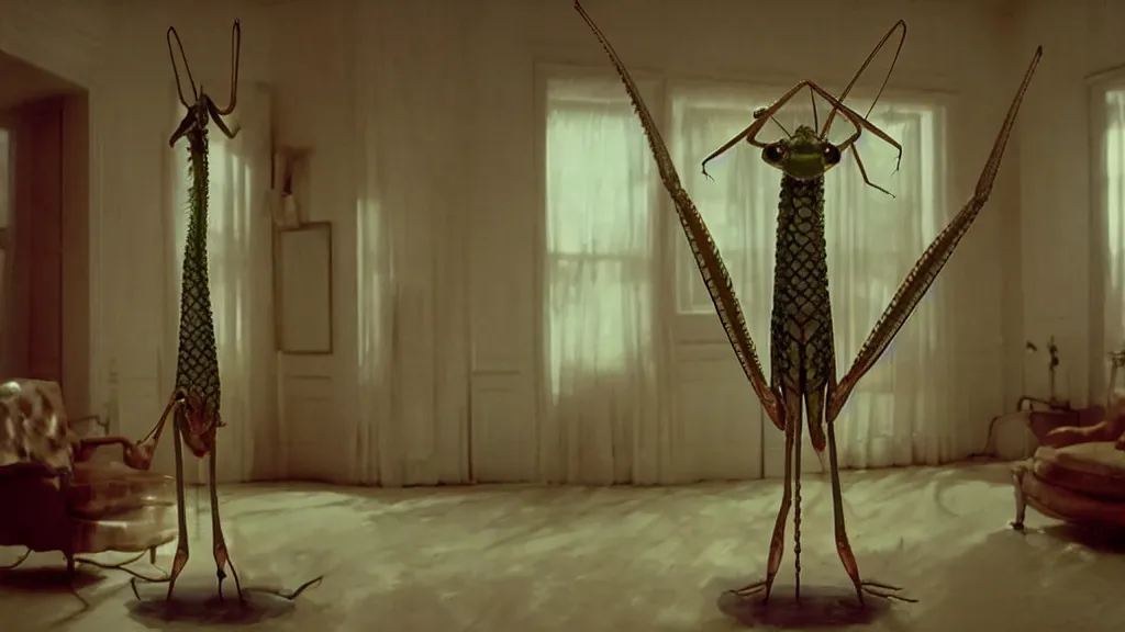 Prompt: the giant praying mantis head in the living room made of wax and water standing upright, film still from the movie directed by Wes Anderson with art direction by Salvador Dalí, wide lens