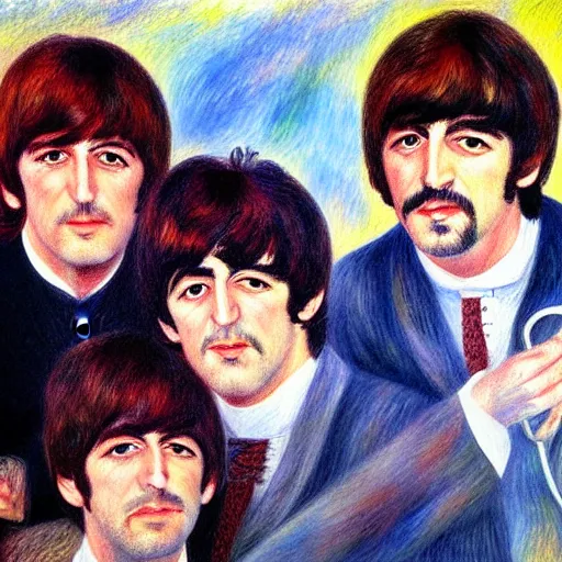 Image similar to Painting of The Beatles, in the style of Renoir