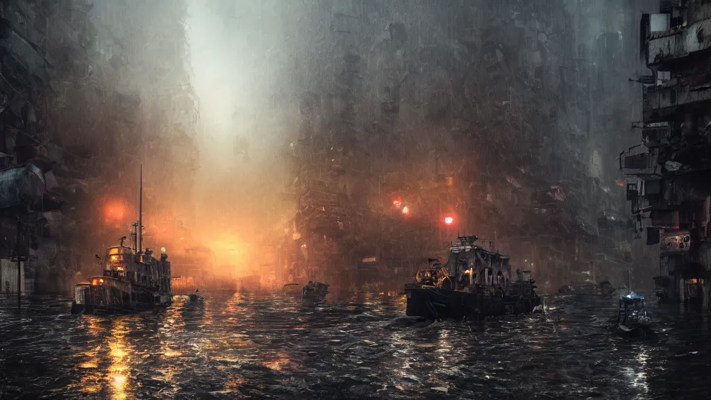 Image similar to dramatic Photorealistic,hyper detailed Matte Painting of a tug boat with bright head lights exploring post apocalyptic flooded ruined Hong Kong city street,Sunset,dark Tall empty buildings,Dark stormy waters by Greg Rutkowski,Craig Mullins,Hyperrealism,Beautiful dark dramatic moody lighting,Cinematographic Atmosphere,Volumetric light rays,VRay Rendering,8K