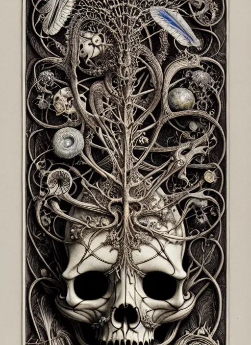 Image similar to art forms of nature by ernst haeckel, memento mori by arthur rackham, ornate antique porcelain beautiful skull mask, ultrasharp, photorealistic, hyperdetailed, octane render, polished, art nouveau, neo - gothic, gothic, intricate ornamental organic filigree, art nouveau botanicals, art forms of nature by ernst haeckel, horizontal symmetry, symbolist, visionary