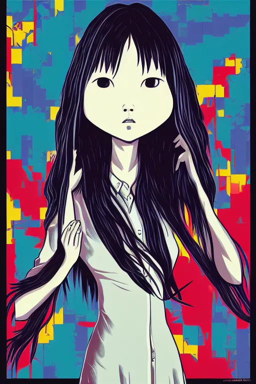 Prompt: sadako out from billboard!!! pop art, pixel, bioshock, gta chinatown, artgerm, richard hamilton, mimmo rottela, julian opie, aya takano