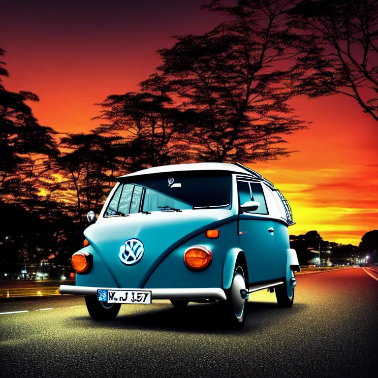 Image similar to close-up-photo VW beech buggy middle of street, sunset kanagawa prefecture, night, cinematic color, photorealistic, highly detailed,