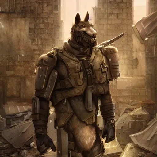 Image similar to a muscled anthropomorphized male horse wearing tactical gear standing in the ruins of a facility, furry art, furaffinity, highly detailed, digital painting, artstation, concept art, magic the gathering, illustration by artgerm, greg rutkowski, wlop