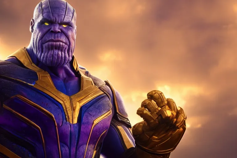 Prompt: Thanos wearing blue and gold armor grimacing while raising his clenched fist in the air, trending on Artstation, highly detailed, HD wallpaper, 4k, photorealistic, digital art