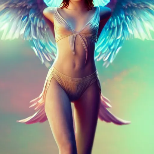 Image similar to full body potrait of emma stone as an angel dancing, hyper realistic, prismatic highlights, atmosphere, gorgeous, depth of field, cinematic, macro, concept art, 5 0 mm, artstation, wlop, elegant, epic, weta digital, focus, octane render, v - ray, 8 k, kodak portra, art by liberatore