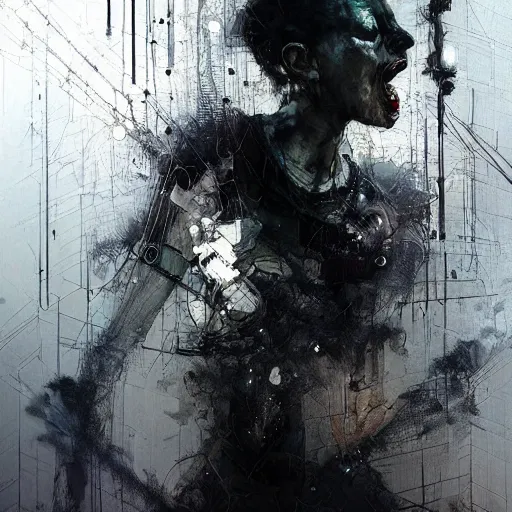 Image similar to screaming cyberpunk, wires, machines by emil melmoth zdzislaw belsinki craig mullins yoji shinkawa realistic render ominous detailed photo atmospheric by jeremy mann francis bacon and agnes cecile ink drips paint smears digital glitches glitchart