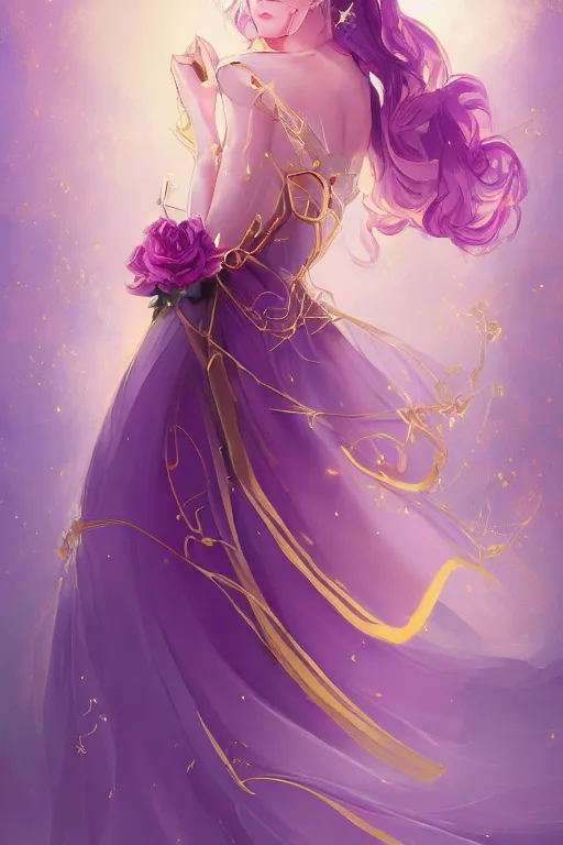 Prompt: beautiful princess in gold and pink dress, purple hair,, in her hands a black flower, soft lights ,symmetrical portrait, high quality, cinematic by WLOP and Rossdraws, character concept art. Epic composition, hyperrealism, award winning artwork,realistic hair, trending on artstation, high quality printing, fine art with subtle redshift rendering