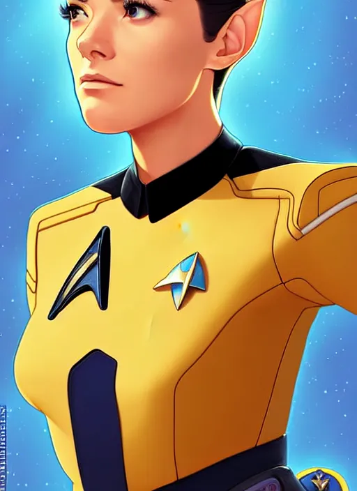 Image similar to cute star trek officer maraget rutherford, natural lighting, path traced, highly detailed, high quality, digital painting, by don bluth and ross tran and studio ghibli and alphonse mucha, artgerm