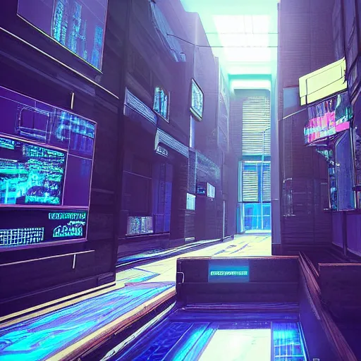 Image similar to “3D scene with high draw distance. Floorwide 3D model of a cyberpunk city placed inside of a room.”