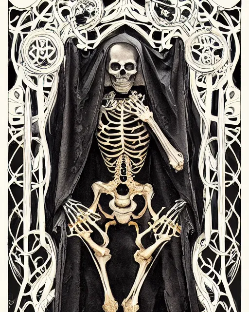 Image similar to a skeleton in a black cloak, highly detailed, very intricate, art nouveau, gold filigree, left right symmetry, tarot concept art watercolor illustration by mandy jurgens and alphonse mucha and alena aenami, featured on artstation