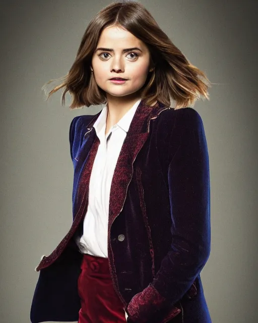 Prompt: Jenna Coleman as the Doctor, velvet blazer, waistcoat, Doctor Who