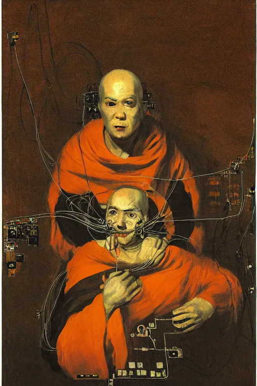 Image similar to portrait of a techno monk in orange robes with wires and circuit boards coming out of his face by francisco goya