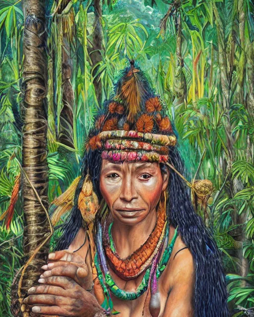 Prompt: a beautiful painting of an amazonian shaman healer sitting in the jungle, doing a prayer, ayahuasca, high detail painting, fantasy art, highly detailed, realistic face, only one face, starry sky, canopee